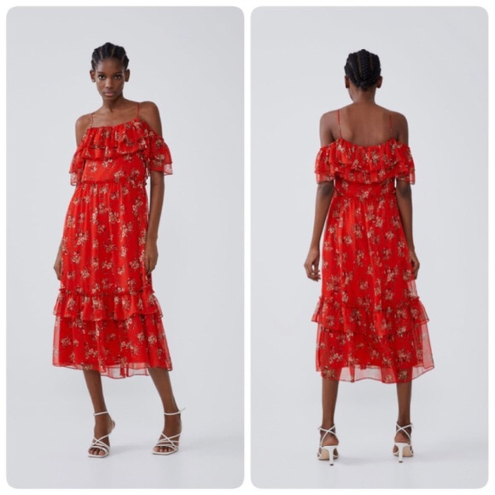Zara Off the Shoulder Ruffle Bardot Red Floral Midi Dress